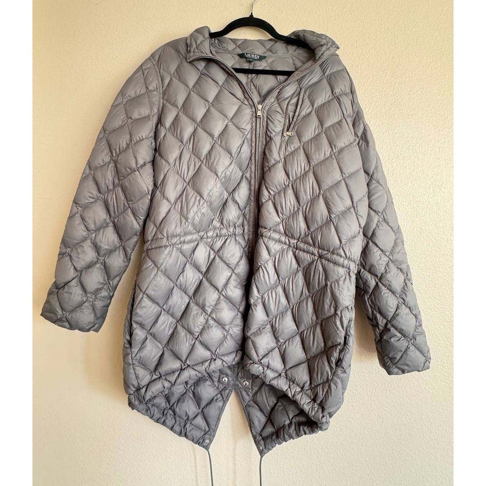 Lauren Ralph Lauren Gray Hooded Down Puffer Quilted Coat Outdoorsy Coquette XL